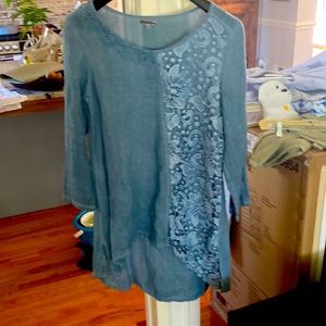 Lace Sleeved Linen Tunic, sz M, blue
